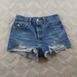 Levi's 501 jean Shorts Womens 28 Button Fly Distressed Blue Rigid Denim